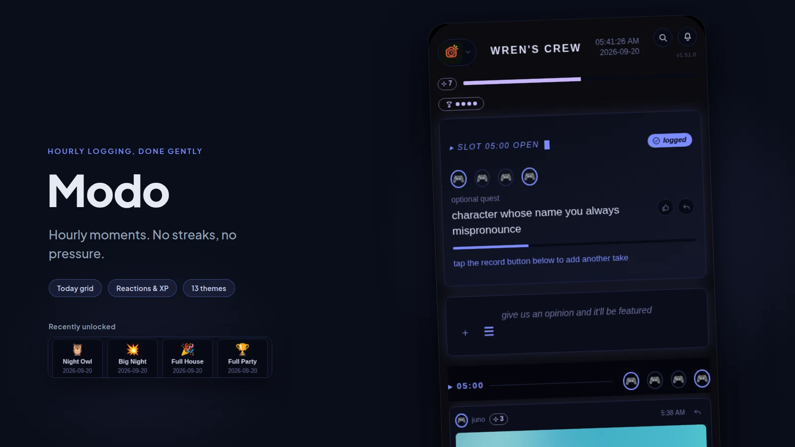 Modo · Hourly Party Log PWA